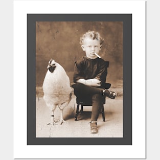 Smoking Boy With Chicken Vintage Bizarre Weird Funny Posters and Art